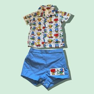 Unique Vintage Cotton Poly Two Piece Button Front Shirt & Short Set Sz 12 Months